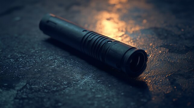 Suppressor, placed on a neutral, dimly lit surface. The silencer is prominently featured, showing intricate design details, with a subtle sheen from the light.