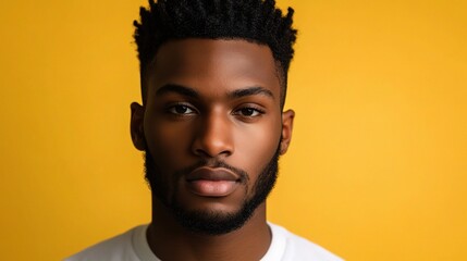 Obraz premium Young Man with Short Black Hair and Serious Expression on Yellow Background