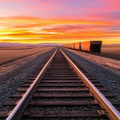 Obraz premium A serene view of railway tracks stretching into the horizon, framed by a vibrant sunset sky and distant freight cars in a tranquil landscape.