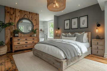 A bedroom with a wooden dresser, a large bed with a gray blanket, and a mirror