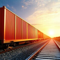 Obraz premium A vibrant sunset illuminates a long line of orange shipping containers beside railway tracks, creating a striking industrial landscape.