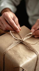 Hands carefully tie jute twine around a brown paper package, emphasizing sustainable delivery practices in a warm indoor setting during daylight hours