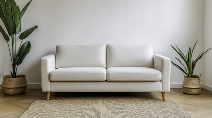 Fototapeta premium Cozy white sofa in minimalist living room with plants and rug