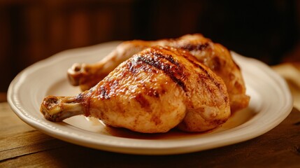 A plate of chicken is sitting on a wooden table