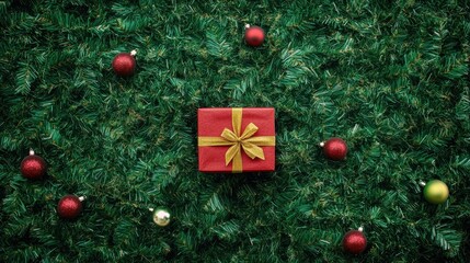 A red box with a gold bow sits in the middle of a Christmas tree