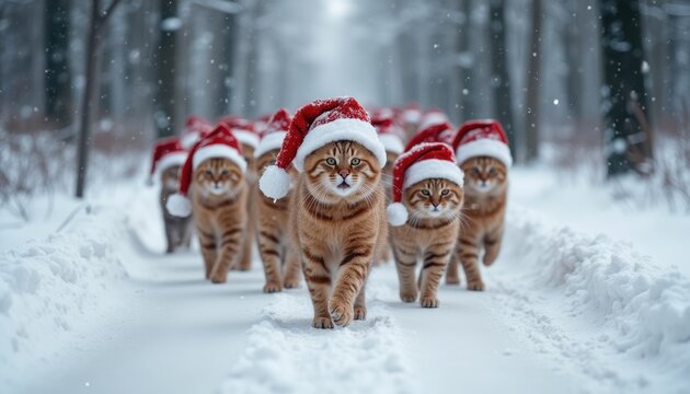 Fototapeta Determined cats in santa hats marching through snowy forest path