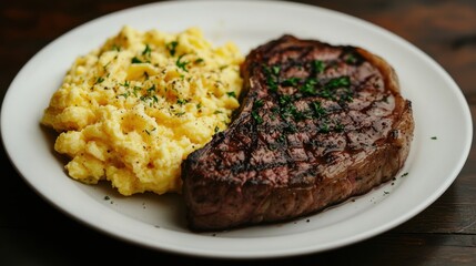 A plate of steak and eggs with parsley on top
