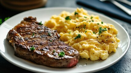 A plate of steak and mashed potatoes with parsley on top