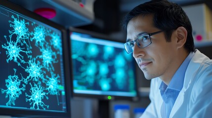Cell biologist researching the role of calcium ions in cellular communication, calcium cellular research, signal focus