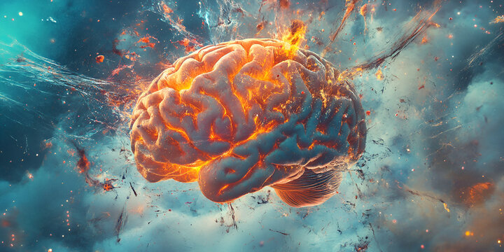 Exploding Mind: Fiery Brain Concept in a Dramatic Landscape