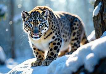 Fototapeta premium An Enigmatic Snow Leopard in Contemplation Amidst a Serene Winter Wonderland with Ethereal Light Filtering Through Pine Trees