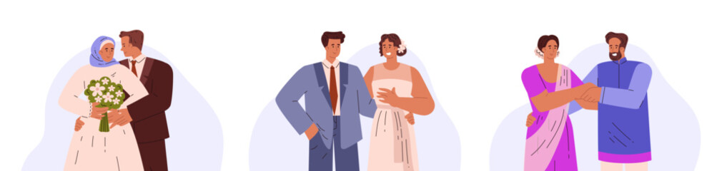 Vector illustrations with brides and grooms in national dress: hijab, sari and white wedding dress