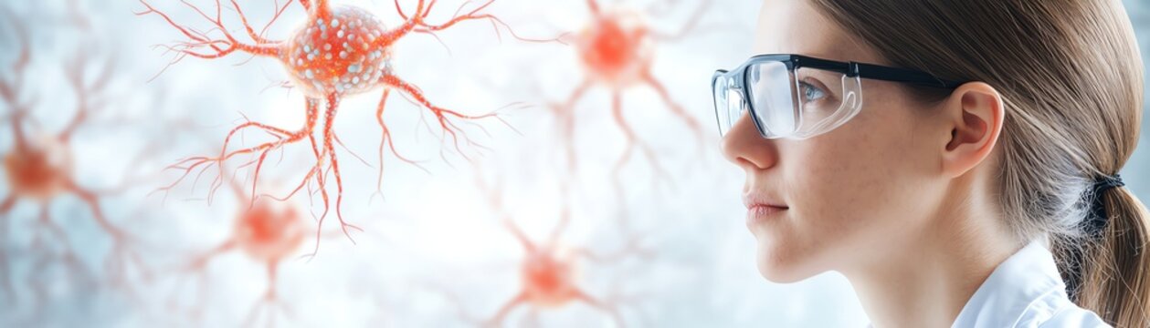 Cellular biologist observing the interaction of neurons and glial cells in brain studies, neuron-glia research, neurobiology