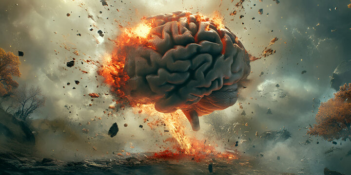 Exploding Mind: Fiery Brain Concept in a Dramatic Landscape
