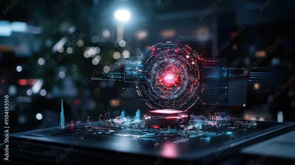 Aufkleber Advanced technology integration a glowing dashboard display futuristic cityscape digital art nighttime innovative concept