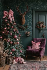 Victorian Christmas Room with Deer Antlers and Gold Ornaments