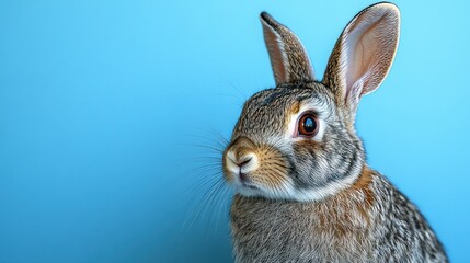 Obraz premium Close-up portrait of a gray rabbit against a vibrant light-blue background.