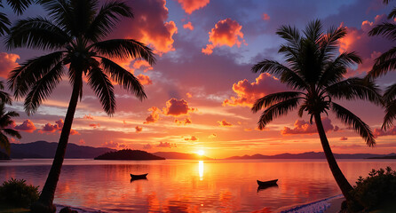 Stunning sunset over calm water with silhouettes of palm trees and boats in the foreground