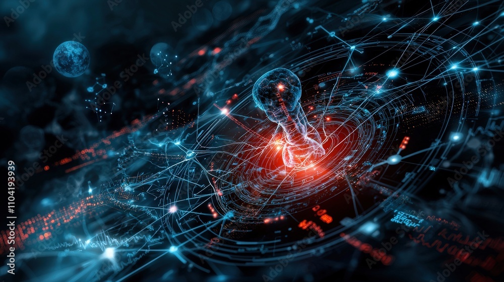 Aufkleber engaging infographic of innovative healthcare network visualization in a futuristic tech environment