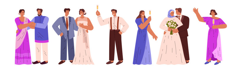 Vector illustration of a set of wedding couples in traditional clothes celebrating with guests.