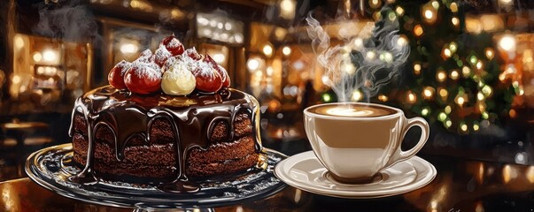 Fototapeta premium A rich chocolate cake with strawberries beside a steaming cup of coffee in a cozy setting.