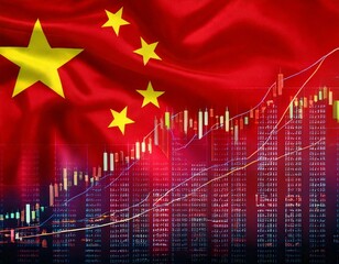 Chinese flag waving with an overlaid stock market chart showing rising growth, finance, and economy data in the background