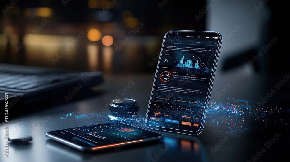 Fototapete Mobile app optimization showcase modern workspace digital interface tech environment close-up view user engagement concept