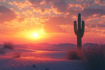 A serene desert sunset with a cactus silhouette against colorful clouds.