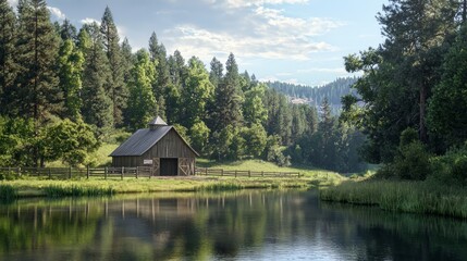 Obraz premium Serene Riverside View of a Rustic Barn Surrounded by Pine Trees and Wooden Fences - Ultra-Detailed Photorealistic Image