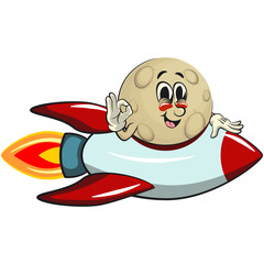 Moon mascot character illustration riding a space rocket, cartoon mascot isolated, work of hand drawn