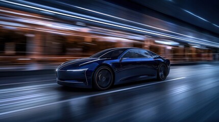 Fototapeta premium Self-driving car in motion urban environment automotive photography night scene dynamic concept for future mobility