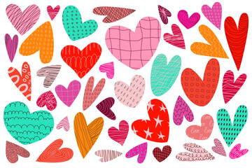 Large set of colorful hearts with hand drawn patterns, lines, doodles. Trendy modern design elements for greeting cards, banners, posters for Valentines Day, birthday, declarations of love