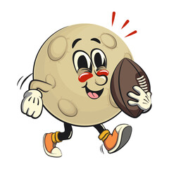 Moon mascot character illustration playing rugby and american football, cartoon mascot isolated, work of hand drawn