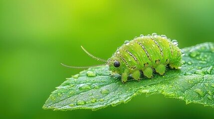 Naklejka premium A close-up of a vibrant green caterpillar resting on a dew-covered leaf, showcasing the delicate beauty of nature in a lush environment.