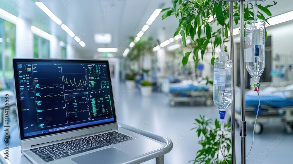 Poster integrating blockchain technology in a serene hospital environment for enhanced patient monitoring a