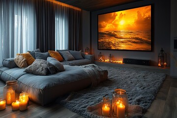 A cozy living room with a large screen TV and a fireplace