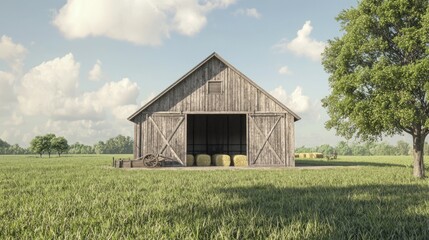 Obraz premium Captivating Rural Scene: Authentic Rustic Barn with Open Door, Farm Tools, and Hay Bales in Lush Field Surroundings