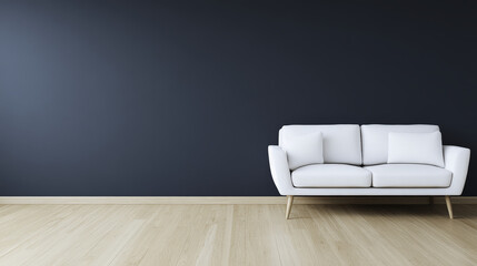 Modern living room with sleek white sofa against dark wall