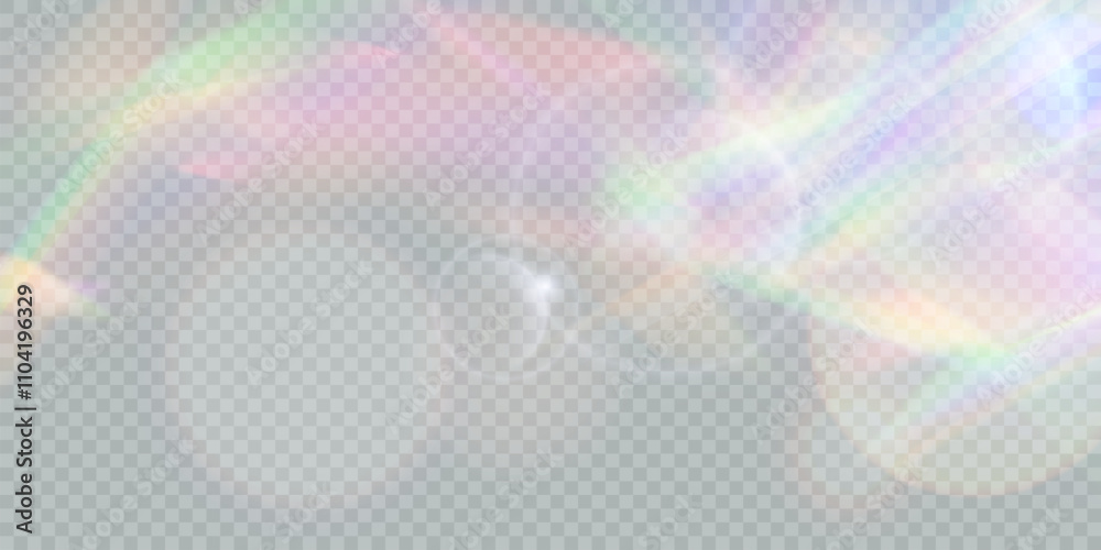 Poster Light effect with many sparkling rainbow highlights on transparent background. Colorful bokeh and shiny background.