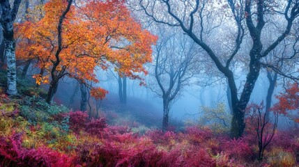Fototapeta premium A Dreamy Misty Forest Scene with Vibrant Autumn Colors and Trees