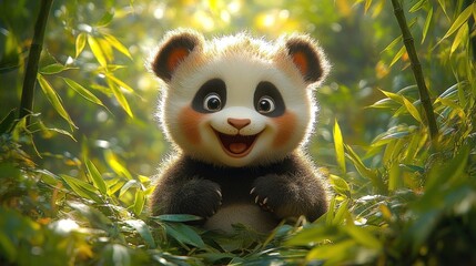 Obraz premium A cheerful cartoon panda surrounded by bamboo, conveying a playful and joyful atmosphere.