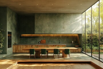 A large, open kitchen with a wooden dining table and chairs