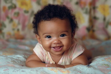 An Afro-American baby lying on their tummy, smiling brightly, wearing a pastel-colored onesie