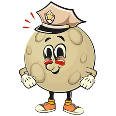 Moon mascot character illustration as a policeman, cartoon mascot isolated, work of hand drawn