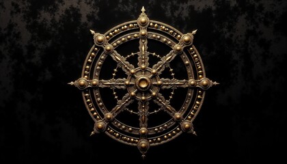 Obraz premium Ornate golden wheel with intricate patterns on dark background