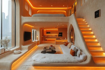 A large, modern living room with a white couch and a white bed