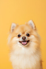 Obraz premium Adorable fluffy pomeranian smiling on vibrant yellow background