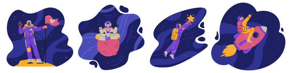 Vector illustration female astronauts: flying on a rocket, sitting on a planet, holding a star