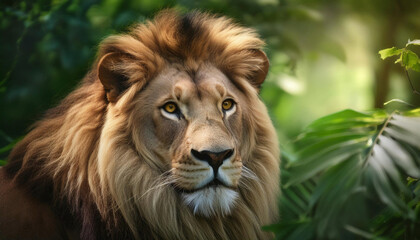 Fototapeta premium portrait of a lion, lion in the tropical forest 