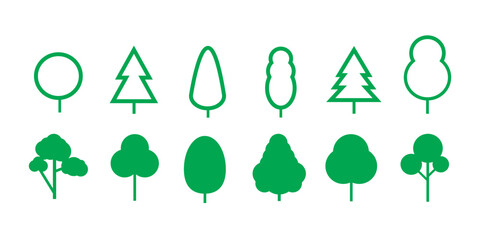 Set of tree and leaf collection hand drawn flat design vector element. botanical set of bare trees and ones with leaves and lush green